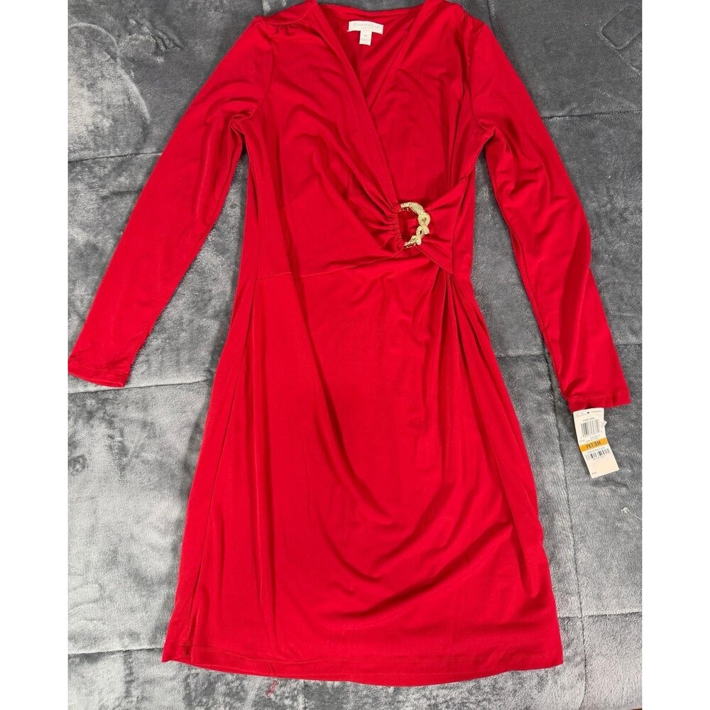 Charter Club Petite Red Faux Wrap Dress Gold Buckle NWT PS Small Long Sleeve. - Picture 4 of 6